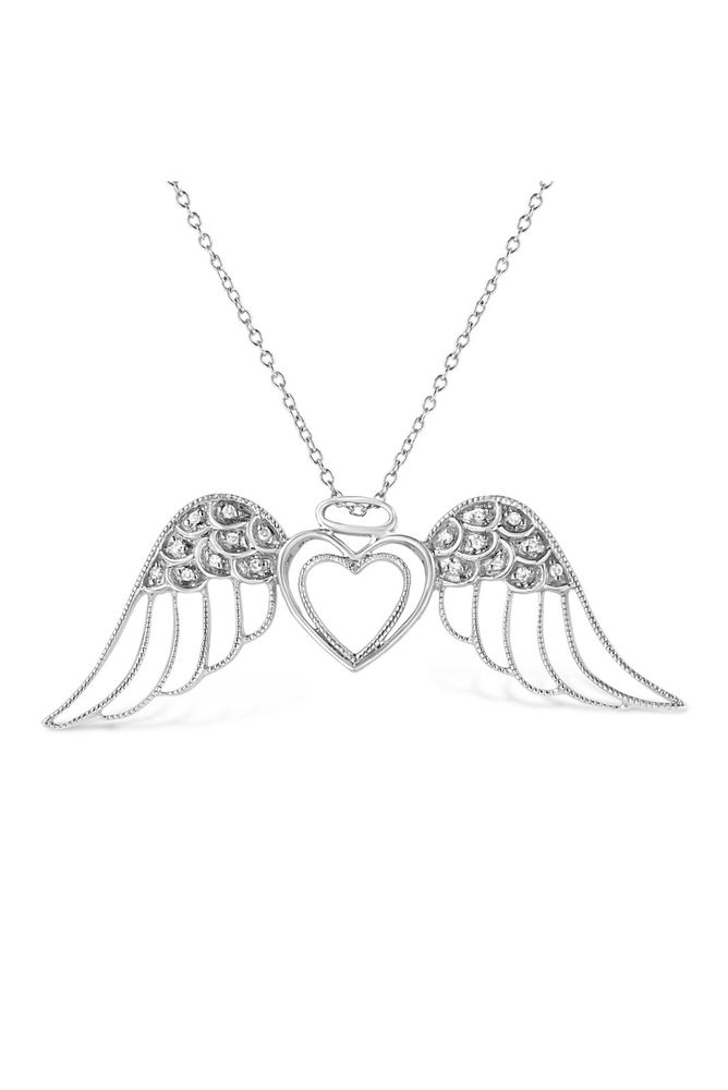Pave-Set Diamond Accent Angel Wing Double Heart Necklace